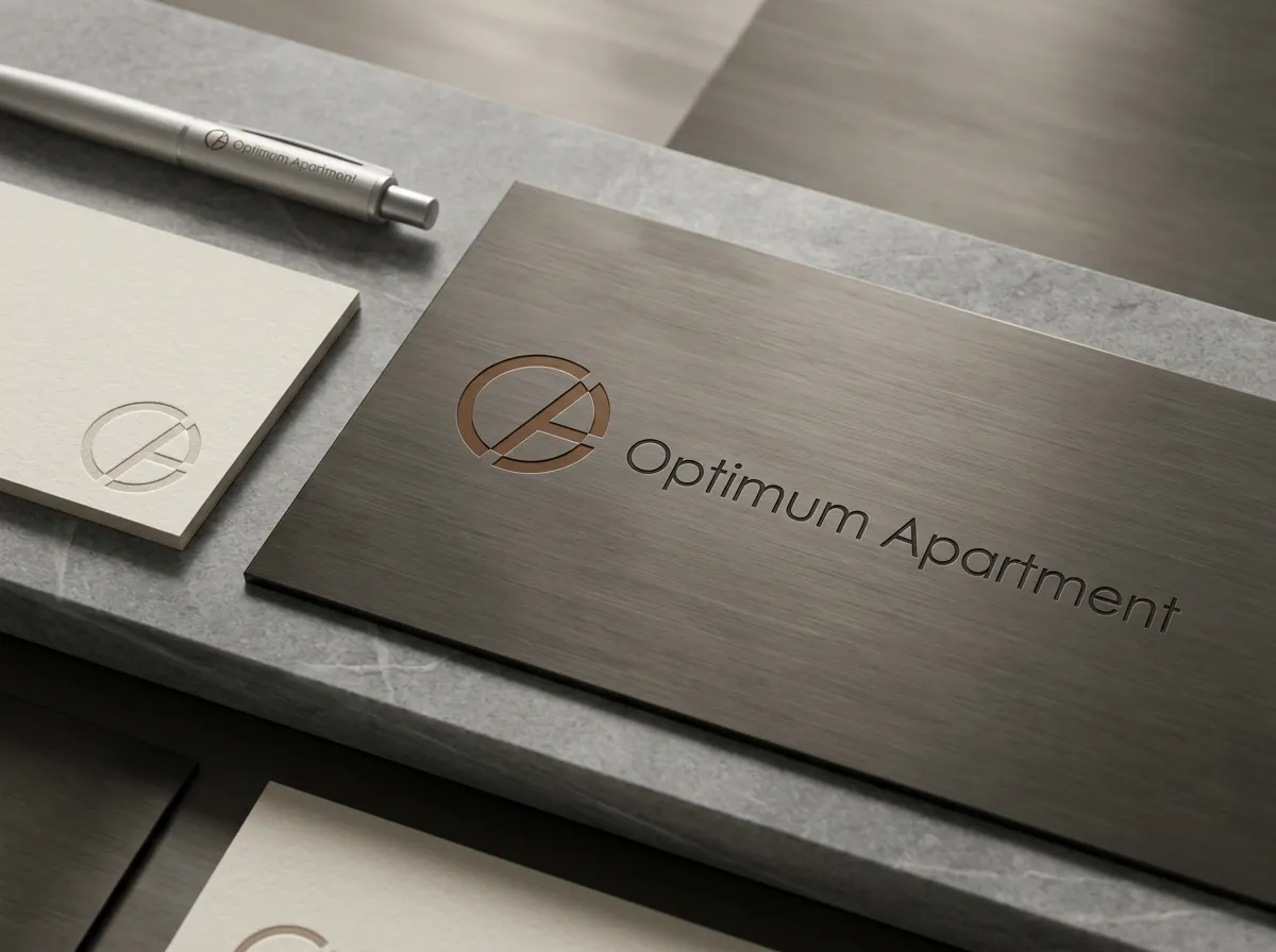 Optimum Apartment – Logo auf dunkler Holzkarte