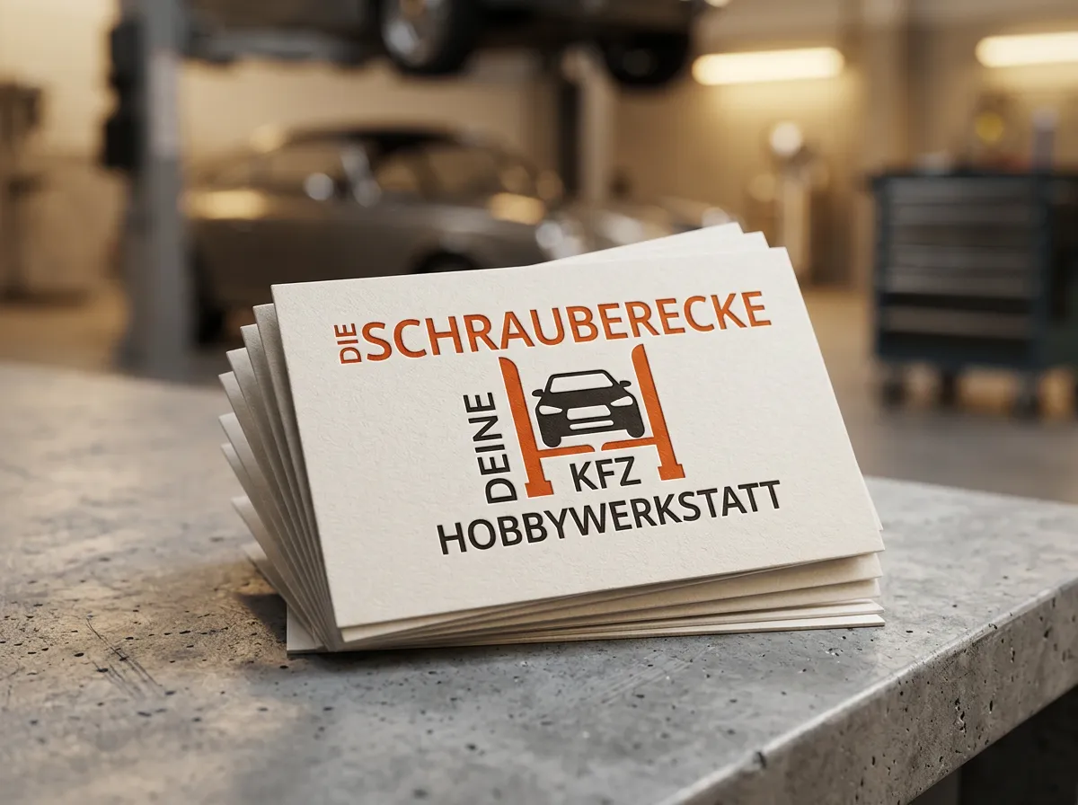 Die Schrauberecke – Logo „Deine KFZ Hobbywerkstatt“ auf einem Stapel Karten